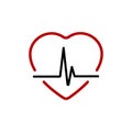 Heartbeat line with Heart red. Heart beat line black icon with red heart in linear design, isolated on white background. Pulse Royalty Free Stock Photo