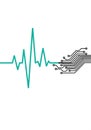 Heartbeat line transitions into a circuit board pattern on a white Royalty Free Stock Photo