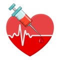 Heartbeat and syringe with blood drop. Red heart shape with vaccine in it. Vector icon isolated on white background Royalty Free Stock Photo