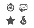 Heartbeat timer, Computer mouse and Star icons. Loan sign. Love stopwatch, Pc component, Best rank. Money bag. Vector Royalty Free Stock Photo