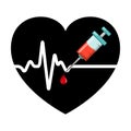 Heartbeat and vaccine with blood drop. black heart shape with syringe in it. Vector icon isolated on white background. Concept of Royalty Free Stock Photo