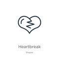 Heartbreak icon. Thin linear heartbreak outline icon isolated on white background from shapes collection. Line vector sign, symbol