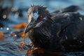 A heartbreaking close-up of a seabird with its feathers matted by crude oil, symbolizing the plight of wildlife amidst