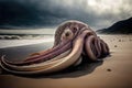 Massive octopus stranded on the shore of the beach, climate catastrophe concept