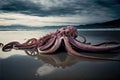 Massive octopus stranded on the shore of the beach, climate catastrophe concept