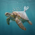 A heartbreaking image of a sea turtle suffering from dangerous plastic ocean pollution Royalty Free Stock Photo