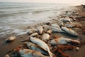 Heartbreaking Photo Of Lifeless Fish Scattered Along The Shore. Generative AI