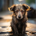 Heartbreaking scene a sad and homeless dog abandoned on streets