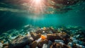 Garbage pollution floating in ocean. Plastic waste taints water. Generative AI