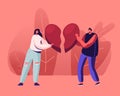 Heartbroken Couple Parting, Divorce. Sad Young Man and Woman Trying to Put Together Parts of Broken Heart Royalty Free Stock Photo