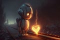 heartbroken sad robot with burning optics on dark track