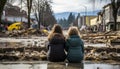 Heartbroken woman and child observing the aftermath of a devastating earthquake in a destroyed city