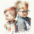 Heartfelt Boy and Girl Siblings Watercolor Illustration