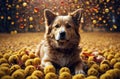 Heartfelt Canine Bliss: Dog, Smiley Fluffy Balls, and Heart-Shaped Rain