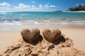 Heartfelt connection Two handwritten hearts on sandy beach, framed by tropical backdrop Royalty Free Stock Photo