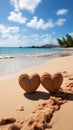 Heartfelt connection Two handwritten hearts on sandy beach, framed by tropical backdrop