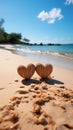 Heartfelt connection Two handwritten hearts on sandy beach, framed by tropical backdrop