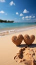 Heartfelt connection Two handwritten hearts on sandy beach, framed by tropical backdrop