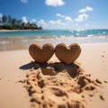 Heartfelt connection Two handwritten hearts on sandy beach, framed by tropical backdrop