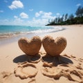 Heartfelt connection Two handwritten hearts on sandy beach, framed by tropical backdrop