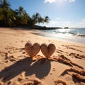 Heartfelt connection Two handwritten hearts on sandy beach, framed by tropical backdrop