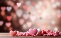 Heartfelt decor, pink and red hearts on a wooden tabletop