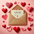 Saint Valentine\'s Day Composition, Envelope and Paper Red Hearts on Pink Background. Generative ai for illustrations