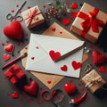Background for Valentines Day with Envelope, Greeting Card, Gift Box, and Red Hearts. Generative ai for illustrations