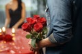 A heartfelt gesture A man with a bouquet of roses for a romantic surprise