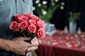 A heartfelt gesture A man with a bouquet of roses for a romantic surprise