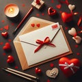 Background for Valentines Day with Envelope, Greeting Card, and Red Hearts. Generative ai for illustrations