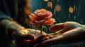 Heartfelt Moments Romantic Scenes with a Person Holding a Flower and Water Splashing Royalty Free Stock Photo