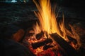 The hearth burns beautifully. Burning wood and hot flames, on a dark background, close-up. A big bonfire made of boards. Firewood Royalty Free Stock Photo