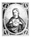 Vintage Antique Line Drawing or Engraving of Heart of Virgin Mary. Christian Image