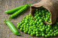 Hearthy fresh green peas and pods on rustic fabric Royalty Free Stock Photo