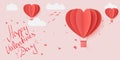 Happy valentines day typography vector illustration design with paper cut red heart shape origami made hot air balloons flying in Royalty Free Stock Photo