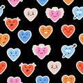 Hearts abstract stickers seamless Pattern on black background. Funny comic Faces