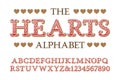 Hearts alphabet with numbers in romantic vintage style