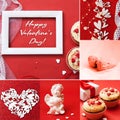 Hearts, angel, couple of birds, congratulation, flowers, cupcakes on red background. Valentine's day collage