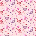 Vector red, pink and purple love hearts in swirly shapes with arrows.