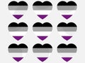 Hearts with Asexual flag, icon set. Asexual pride day. LGBT sexual minorities. Collection of icons of hearts isolated on white