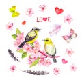 Hearts, birds couple, pink cherry blossom flowers, butterflies, feathers, text Love. Set for Valentines day. Watercolor