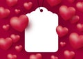 Hearts with blank white tag on red background for Valentine`s Women`s Mother`s Day and Wedding Royalty Free Stock Photo