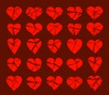 Hearts broken to pieces like a glass vector logos or icons set, broken heart concept, breakup or divorce, heartbreak regret,