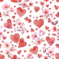 Hearts and Cherry blossom flowers watercolor seamless pattern isolated on white Pink romantic valentine print Spring Sakura