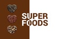 Hearts with chia seeds, red quinoa grains and blended quinoa. Four heart shapes with Text superfoods