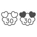 Hearts on cloud with number 30 line and solid icon, love and relationship concept, thirty years vector sign on white