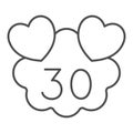 Hearts on cloud with number 30 thin line icon, love and relationship concept, thirty years vector sign on white