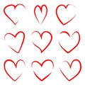 The hearts collection icon, love symbol, isolated on white background. Red thin outline handdrawn hearts in doodle. Vector Royalty Free Stock Photo