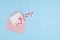 Hearts confetti and pink envelope. Love, valentine day, mothers day greeting card, gratitude, expressing gratitude to doctors and